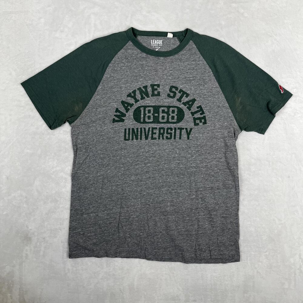 Wayne State University T-Shirt Women's XL Gray Green Raglan League Graphic Retro